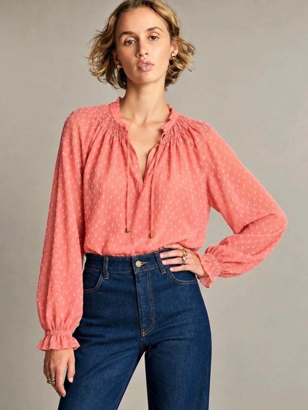 FIG Pink Polka Dot Ruffle Blouse Like New